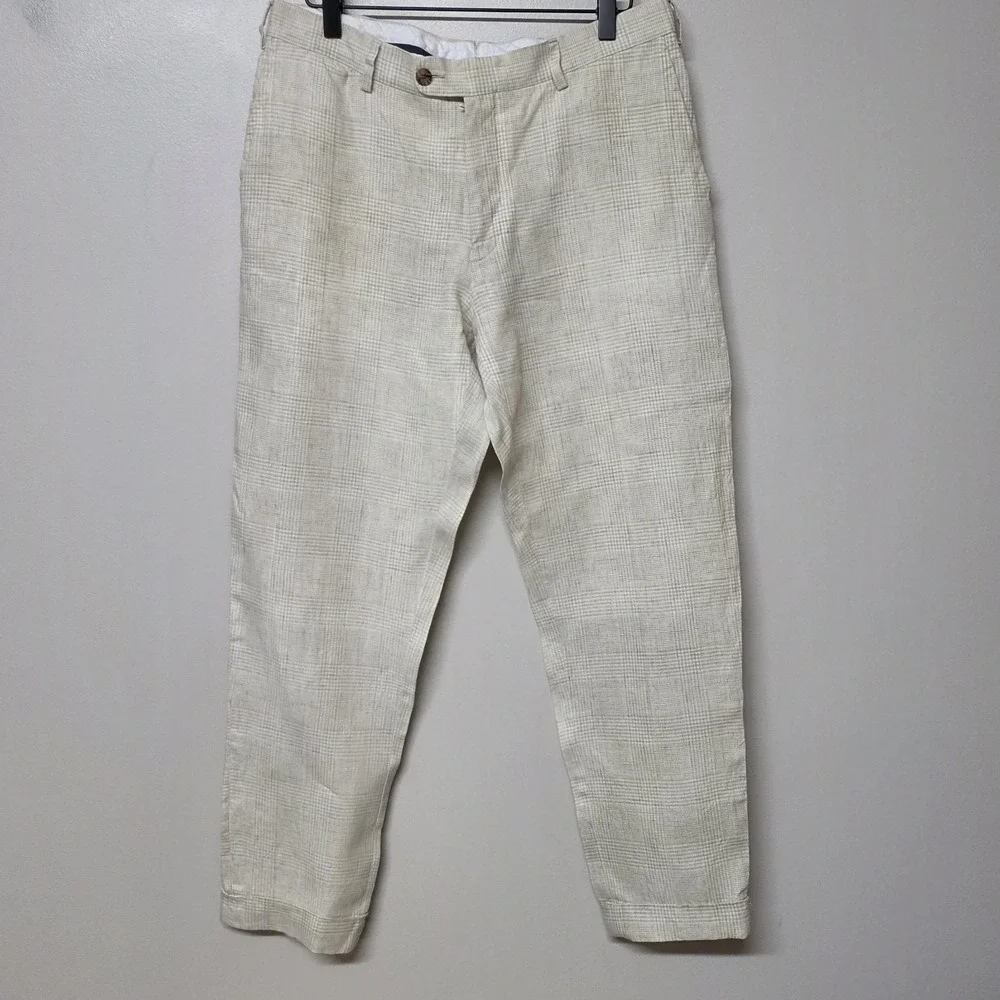 Suitsupply T.B.M. Mens Pure Linen Plaid Dress Pants Beige Tan Flat Front Trouser